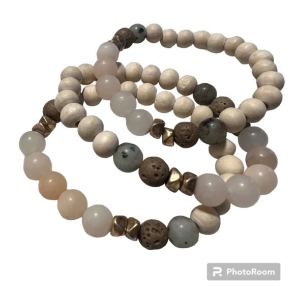 Lot of 3 Cream Wood Pink Crystal Round Beads Gold Disc Spacers Elastic Bracelets - Picture 1 of 6